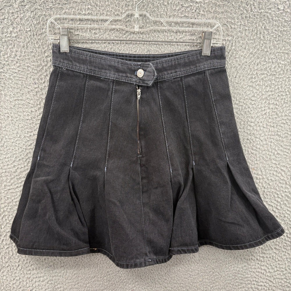 Free People Denim Skirt Women 26 Black Pleated Mini A-Line High Rise Stitched